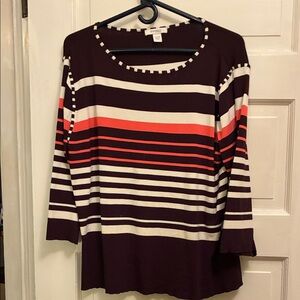 Dressbarn Long Sleeve Top - Black, White, Coral Stripes